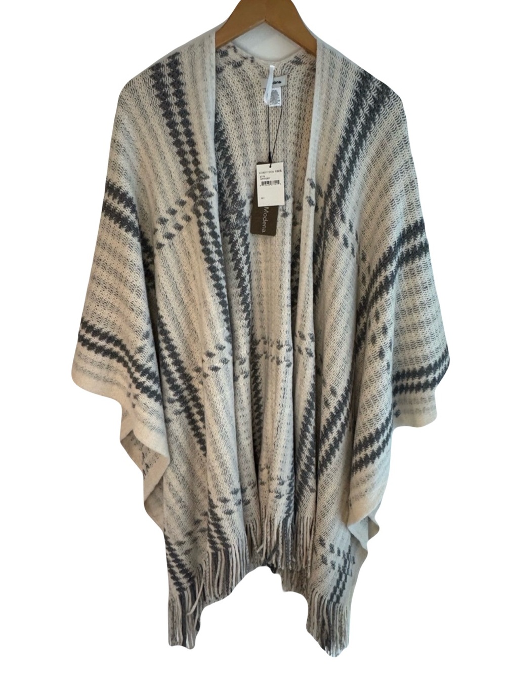 Modena  Ivory  Gray  Fringe  Poncho  Sweater  Lightweight  Boho  Layering